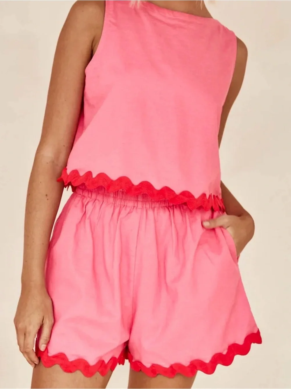 Women’s Pink Scallop Trim Tank & Short Set